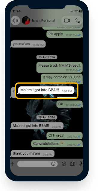 WhatsApp testimonial from a student celebrating admission