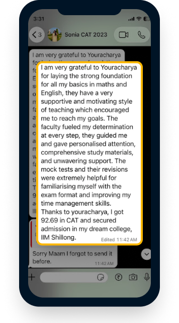 WhatsApp testimonial about CAT preparation support