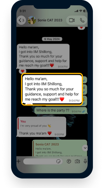 WhatsApp testimonial celebrating IIM Shillong admission