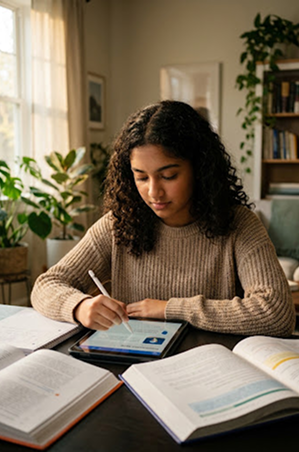 Grade 11 student learning online with a tablet
